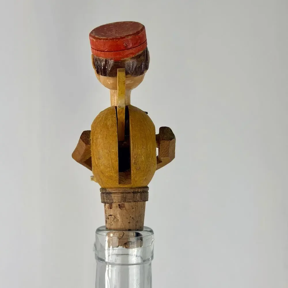 Anri Vintage Mechanical Bottle Stopper Carved Wood Cork‎ Base